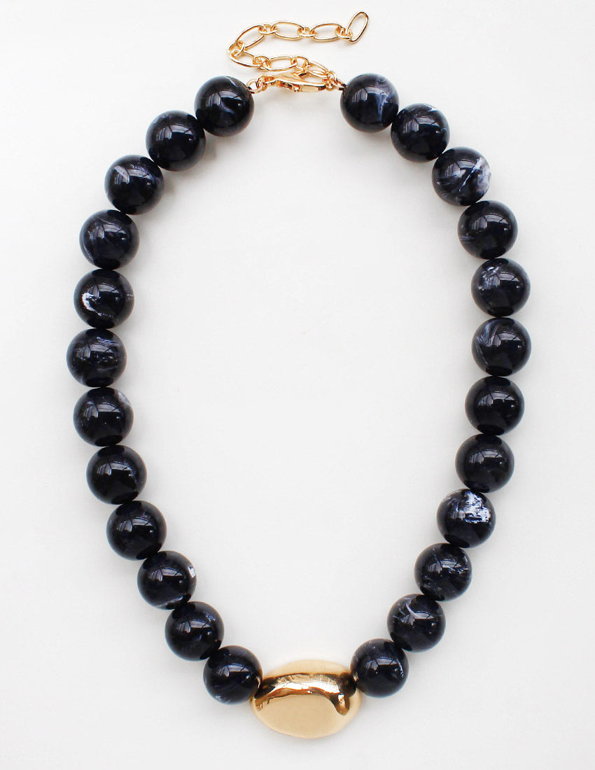 Black Natural Stone with Gold Hammered Accent 8mm Beaded 16"-18" Necklace