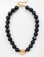 Black Natural Stone with Gold Hammered Accent 8mm Beaded 16"-18" Necklace