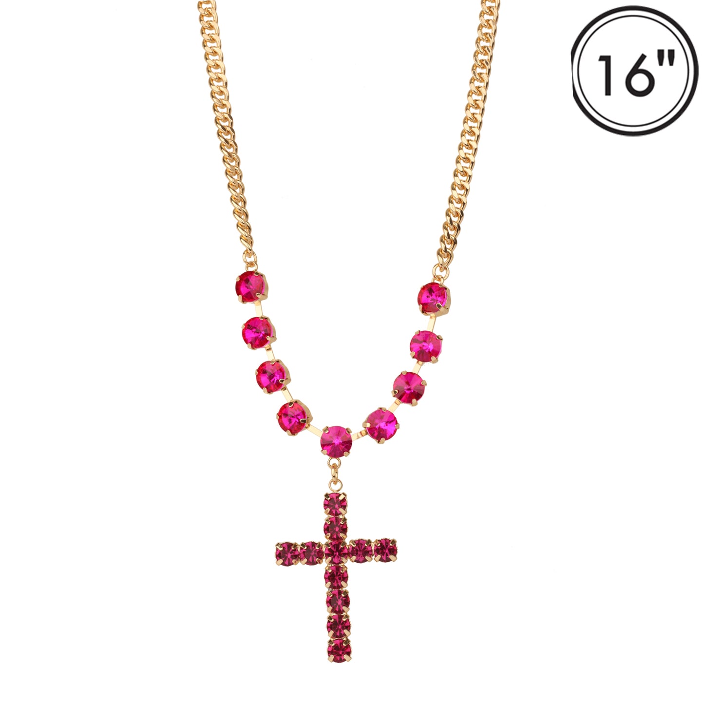Hot Pink Crystal with Gold Chain and Rhinestone Cross 16"-18" Necklace