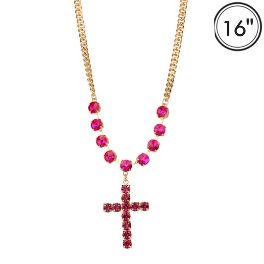 Hot Pink Crystal with Gold Chain and Rhinestone Cross 16"-18" Necklace