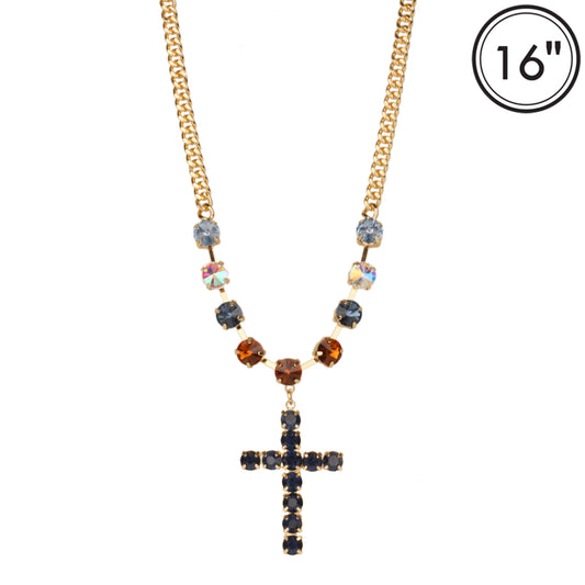 Dark Multi Crystal with Gold Chain and Rhinestone Cross 16"-18" Necklace