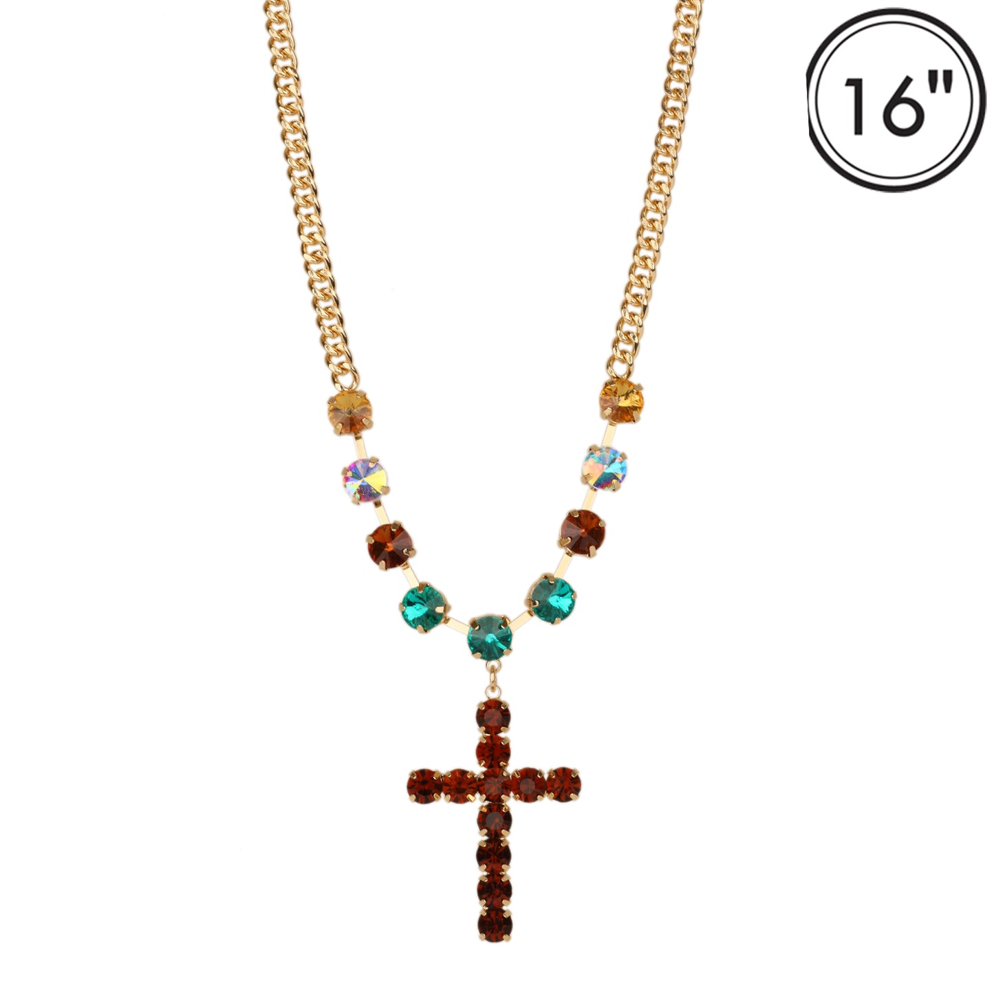 Dark Multi Crystal with Gold Chain and Rhinestone Cross 16"-18" Necklace