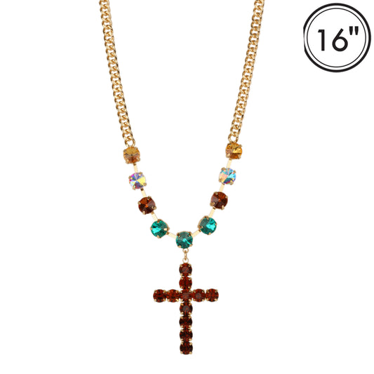 Dark Multi Crystal with Gold Chain and Rhinestone Cross 16"-18" Necklace