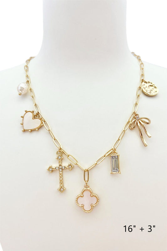 Gold Chain with Clover, Heart, Bow, Cross Charm 16"-18" Necklace