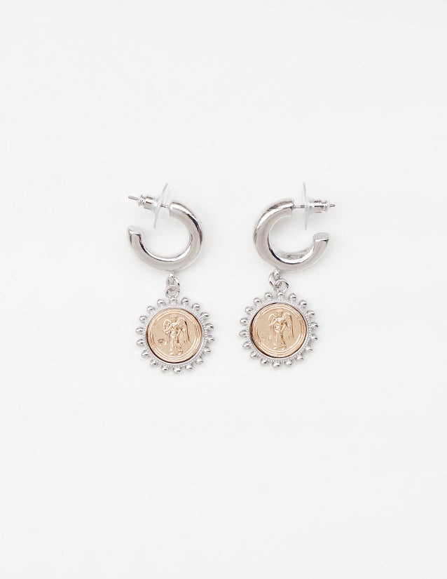 Silver Huggie Hoop with Gold Coin 1" Earring