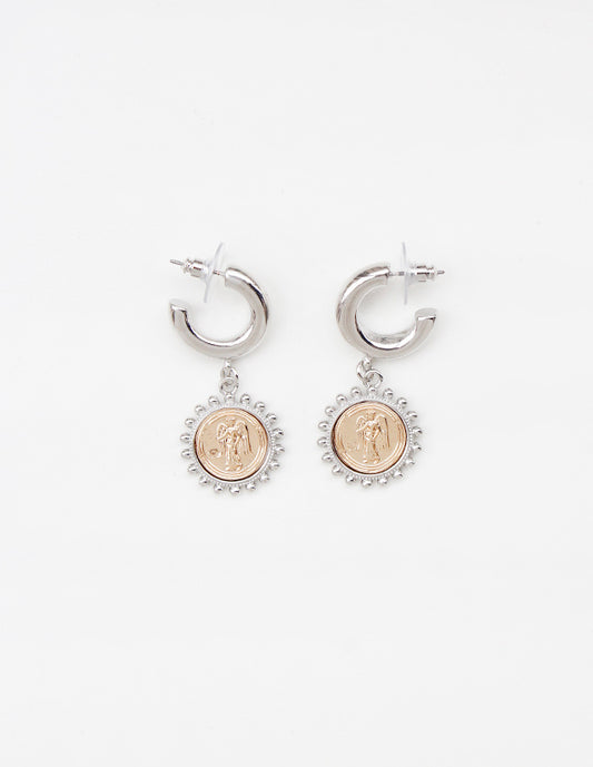 Silver Huggie Hoop with Gold Coin 1" Earring