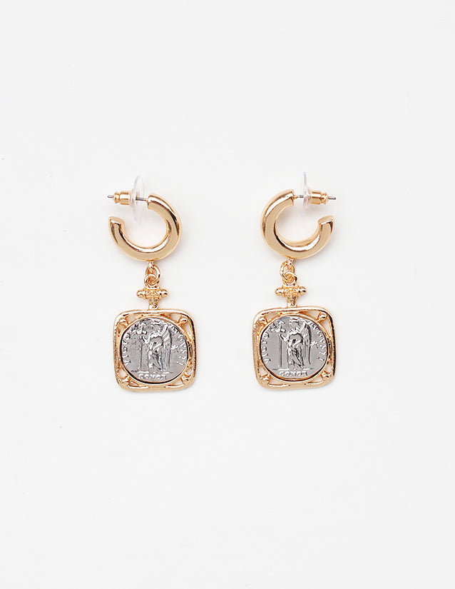 Gold Huggie Hoop with Silver and Gold Coin 1.25" Earring