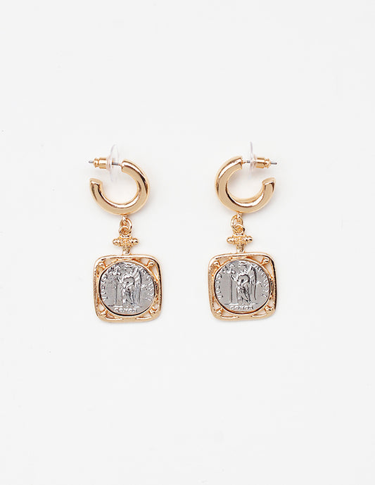 Gold Huggie Hoop with Silver and Gold Coin 1.25" Earring