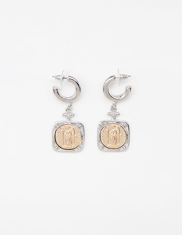 Silver Huggie Hoop with Silver and Gold Coin 1.25" Earring
