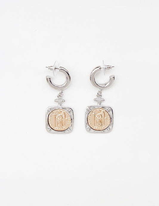 Silver Huggie Hoop with Silver and Gold Coin 1.25" Earring