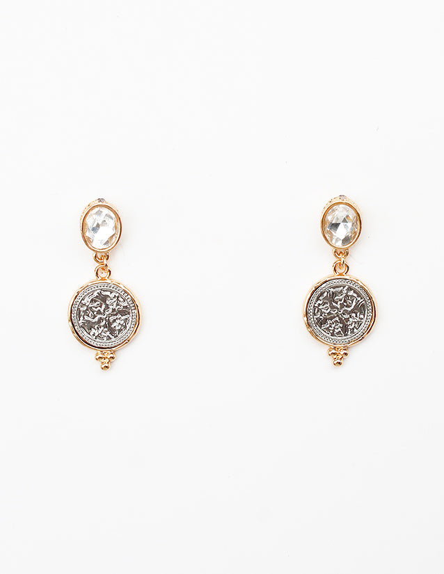 Gold Crystal Stud with Silver Coin 1" Earring
