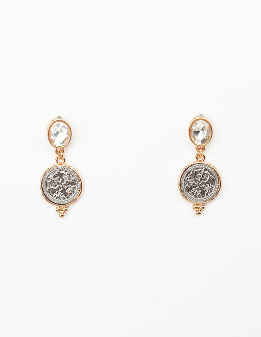Gold Crystal Stud with Silver Coin 1" Earring