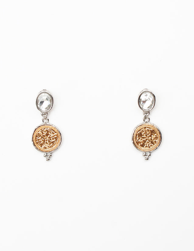 Silver Crystal Stud with Gold Coin 1" Earring