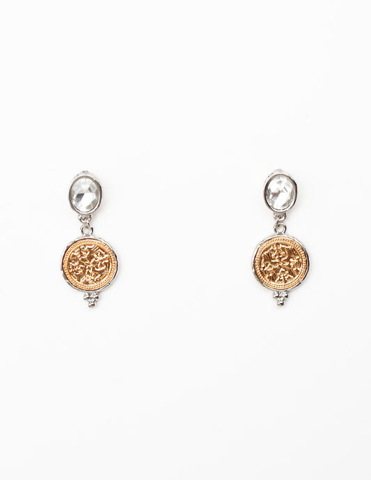 Silver Crystal Stud with Gold Coin 1" Earring