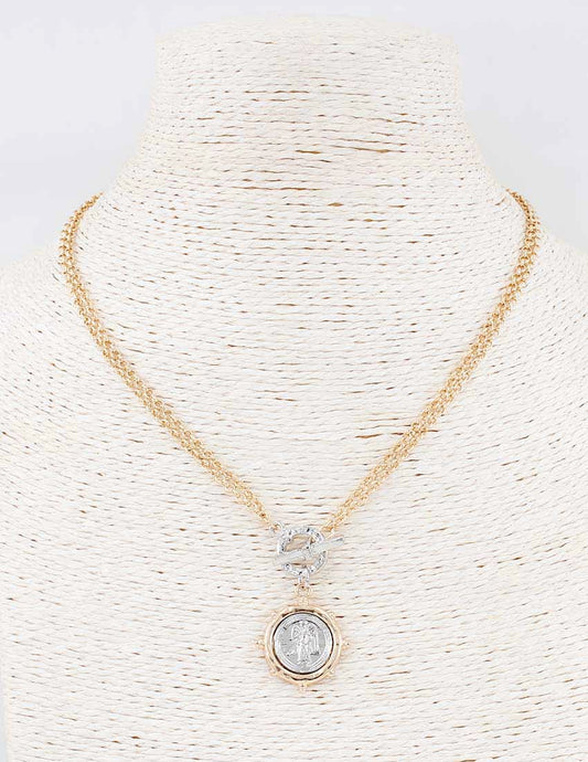 Silver Chain with Toggle and Silver and Gold Coin Charm Necklace 17"