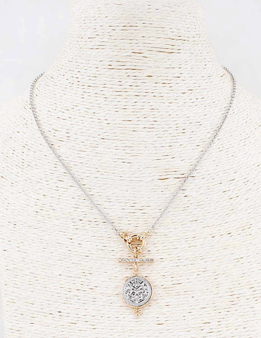 Silver Chain with Toggle and Silver and Gold Coin Charm Necklace 17"