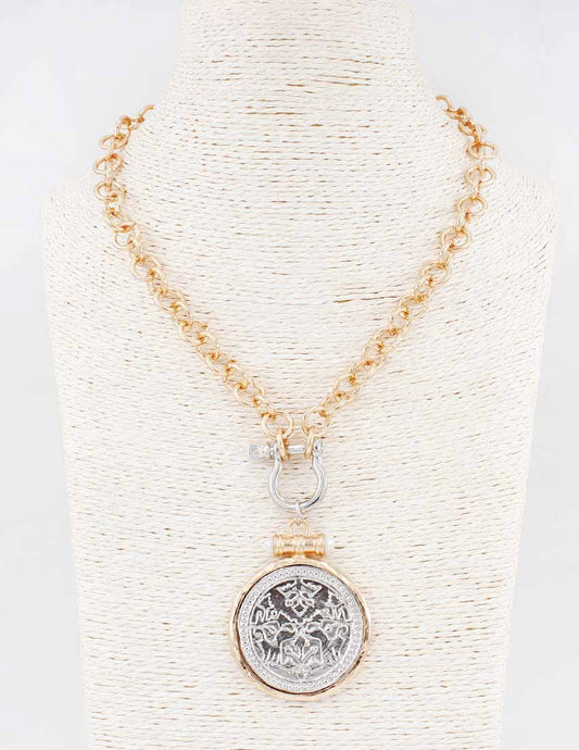 Gold Chain with Open Circle and Large Silver Charm 16"-18" Necklace