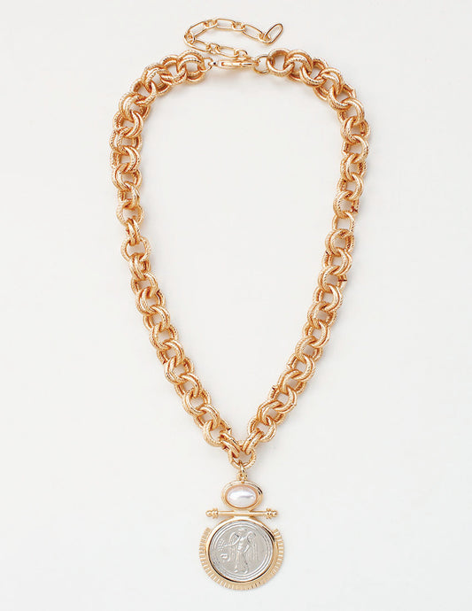 Gold Thick Chain with Silver and Gold Coin 16"-18" Necklace