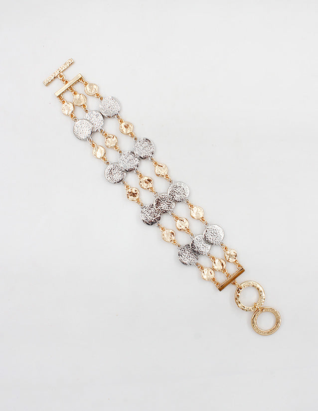 Gold and Silver Three Strand Hammered Circle Toggle Bracelet