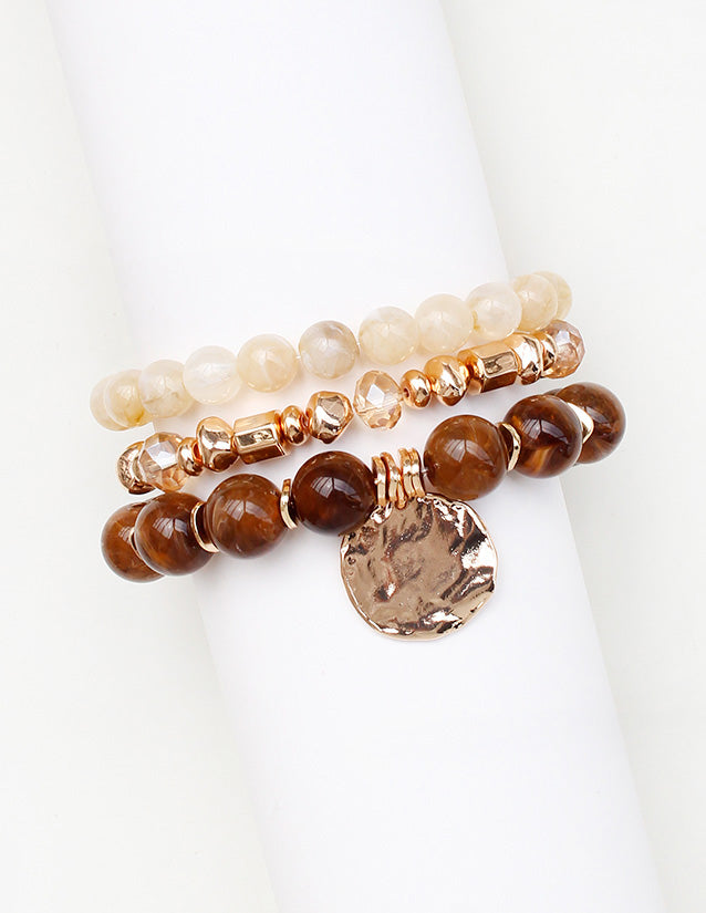 Set of 3 White, Brown Natural Stone and Gold with Gold Coin Set of 3 Stretch Bracelets