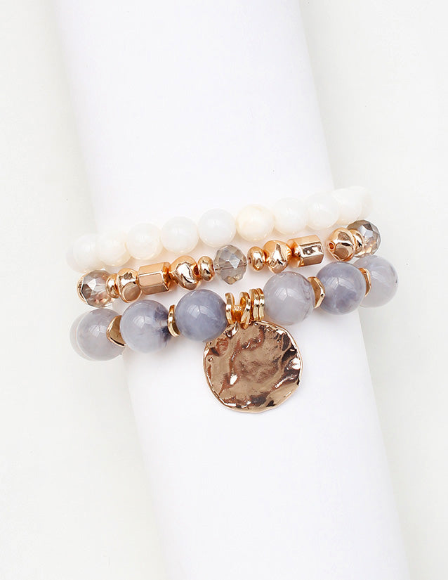 Set of 3 White, Grey Natural Stone and Gold with Gold Coin Set of 3 Stretch Bracelets