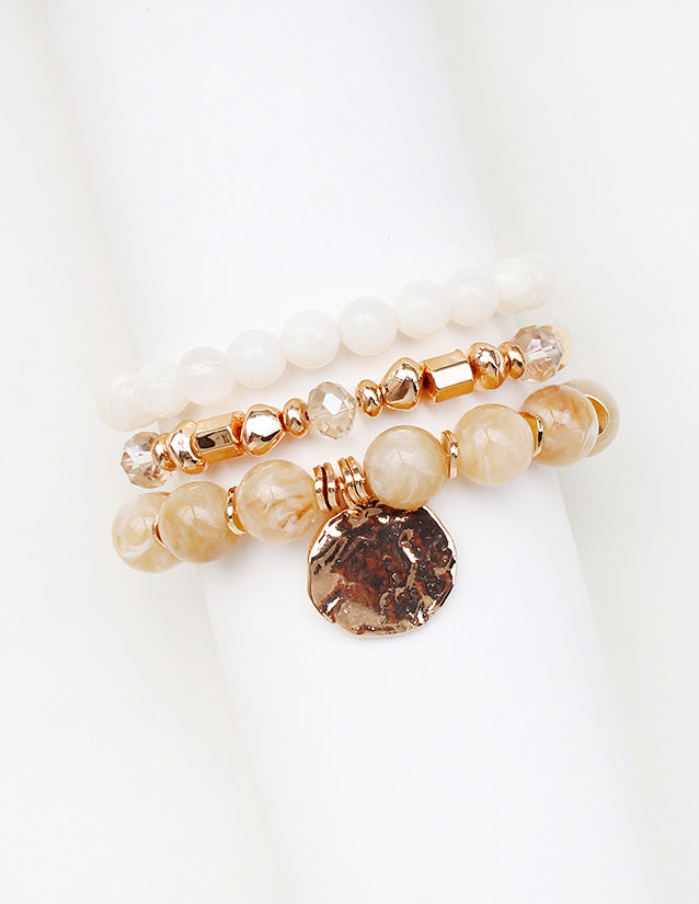 Set of 3 White, Natural Stone and Gold with Gold Coin Set of 3 Stretch Bracelets