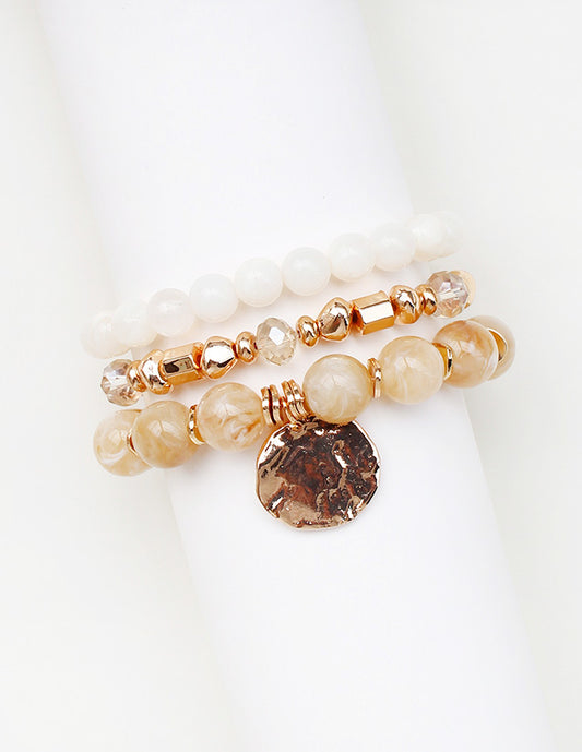 Set of 3 White, Natural Stone and Gold with Gold Coin Set of 3 Stretch Bracelets