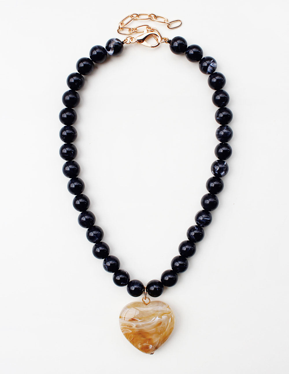 Black Beaded Necklace with Natural/Tan Acrylic Heart 16"-18" Necklace