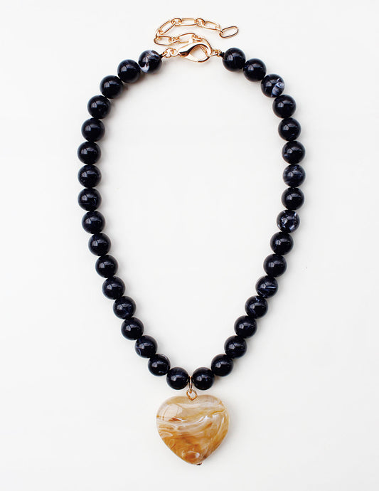 Black Beaded Necklace with Natural/Tan Acrylic Heart 16"-18" Necklace