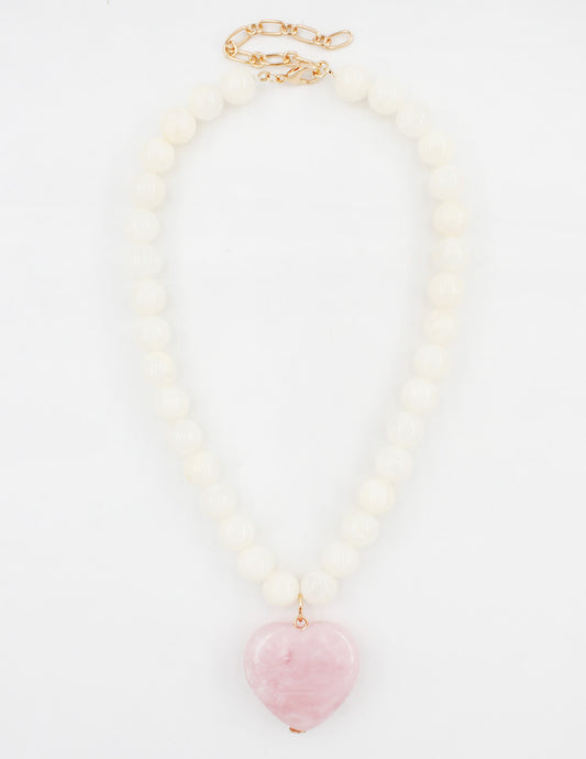 White Stone Circle with Pink Natural Stone Heart Charm 16"-18" Necklace