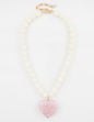 White Stone Circle with Pink Natural Stone Heart Charm 16"-18" Necklace