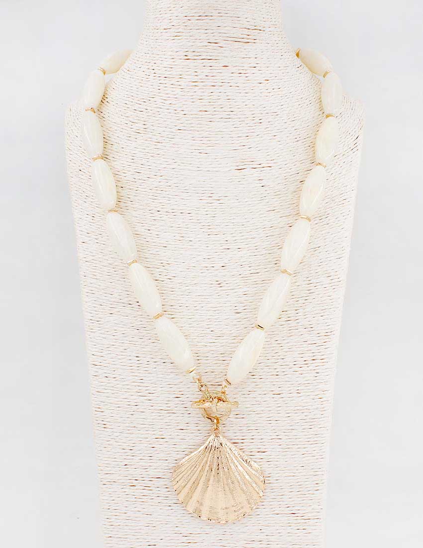 White Oval Stone 16"-18" Necklace with Gold 2" Shell Charm