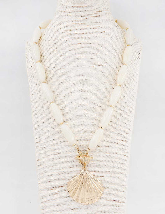 White Oval Stone 16"-18" Necklace with Gold 2" Shell Charm
