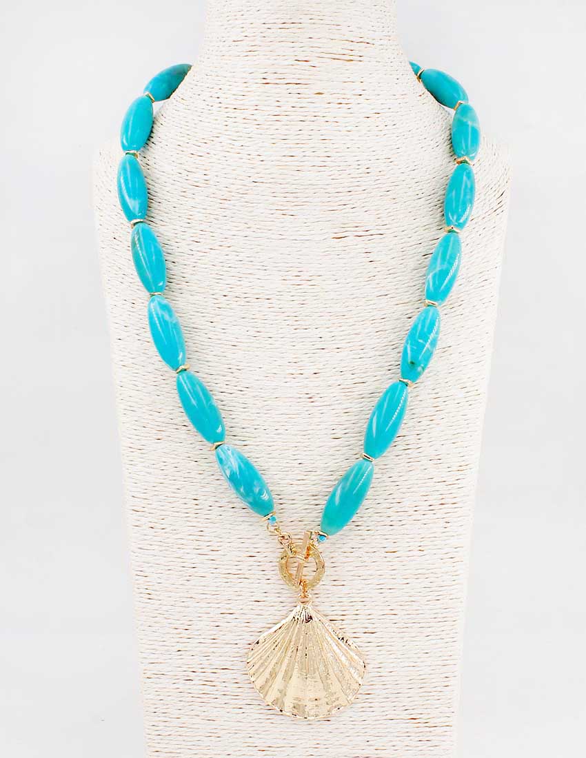 Turquoise Oval Stone 16"-18" Necklace with Gold 2" Shell Charm