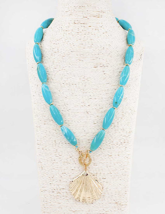 Turquoise Oval Stone 16"-18" Necklace with Gold 2" Shell Charm