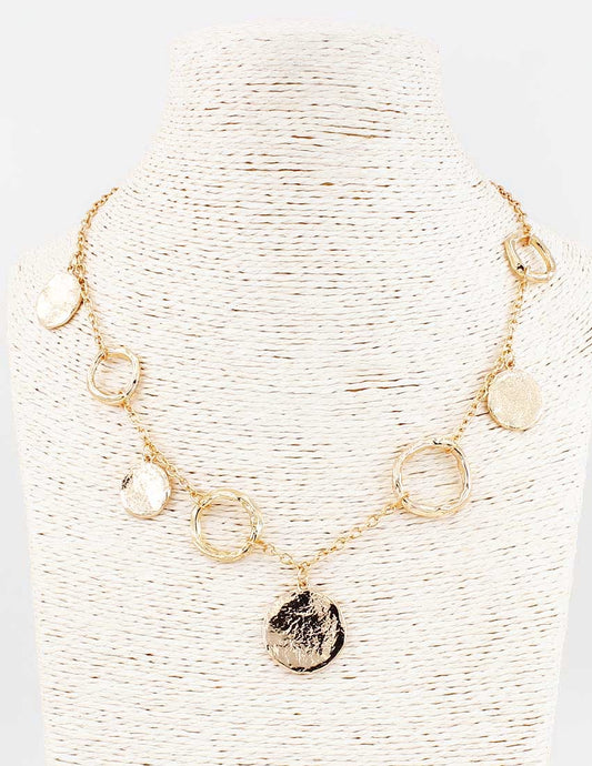 Gold Opened Hammered Circle and Gold Coin 16"-18" Necklace