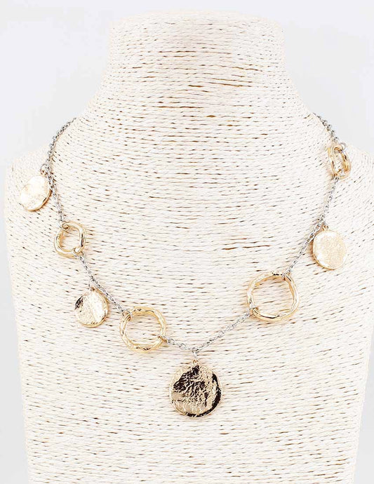 Gold and Silver Opened Hammered Circle and Gold Coin 16"-18" Necklace