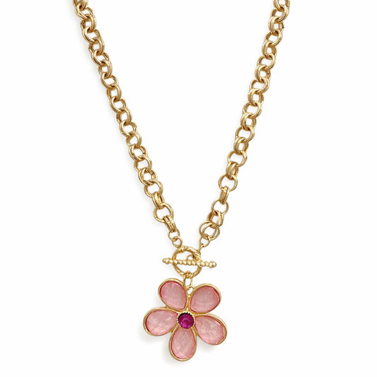 Worn Gold Open Circle with Pink Acrylic and Gold Flower Pendant 18" Necklace