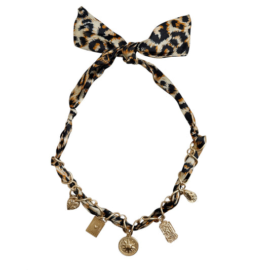 Cheetah Print Scarf Necklace with Gold Charms