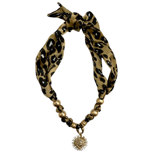 Cheetah Print Scarf Necklace with Gold Sunburst Charm
