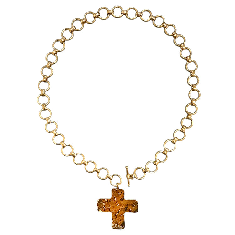 Matte Gold Open Circle Toggle Chain with Hammered Gold Cross 17" Necklace