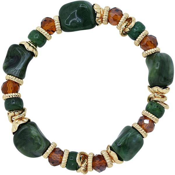 Green Natural Stone with Crystal and Gold Bars Stretch Bracelet