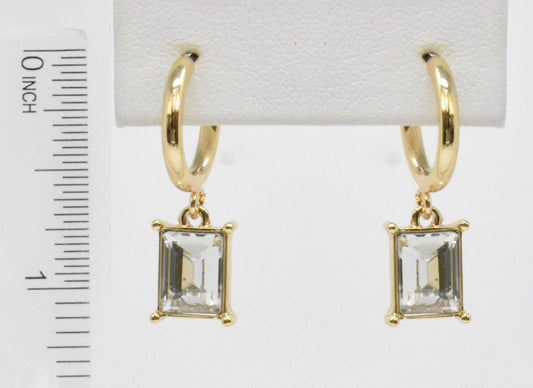 Gold Small Huggie Hoop with Rectangle Glass Crystal Drop