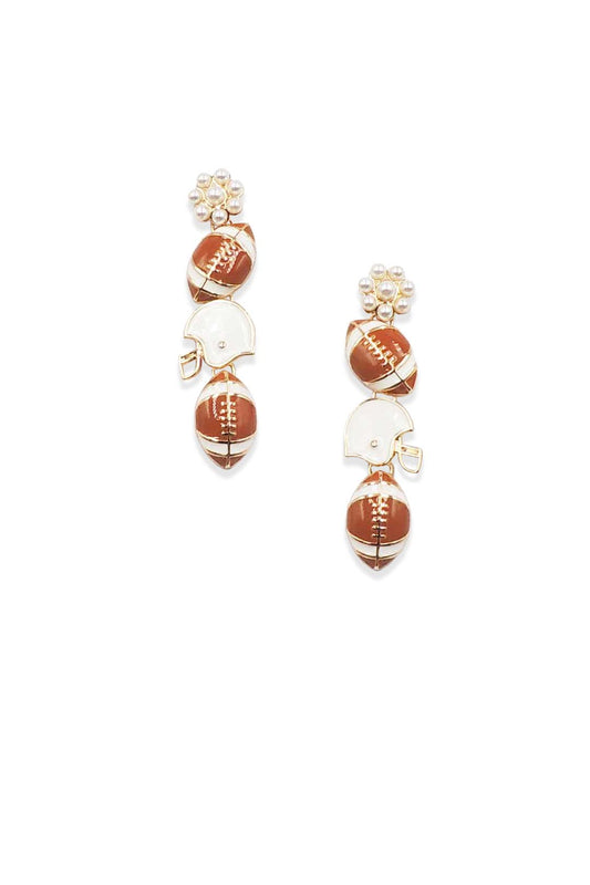 Brown Metal Football, Helmet, and Pearl 2" Drop Earring