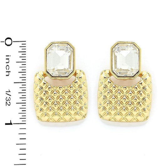 Gold Textured Square with Clear Stone Stud Earring