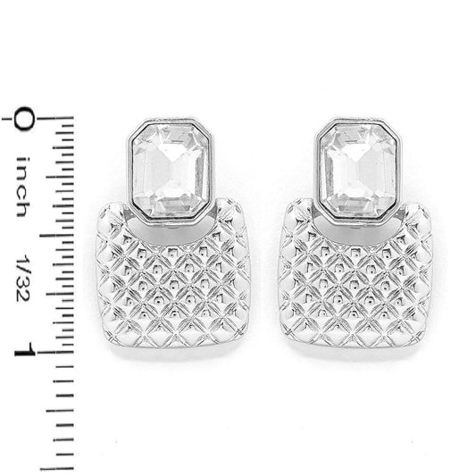 Silver Textured Square with Clear Stone Stud Earring
