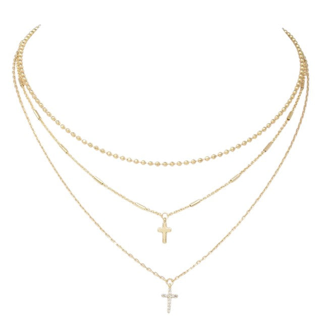 Three Layered Small Cross Pave 16"-18" Necklace