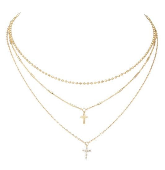Three Layered Small Cross Pave 16"-18" Necklace