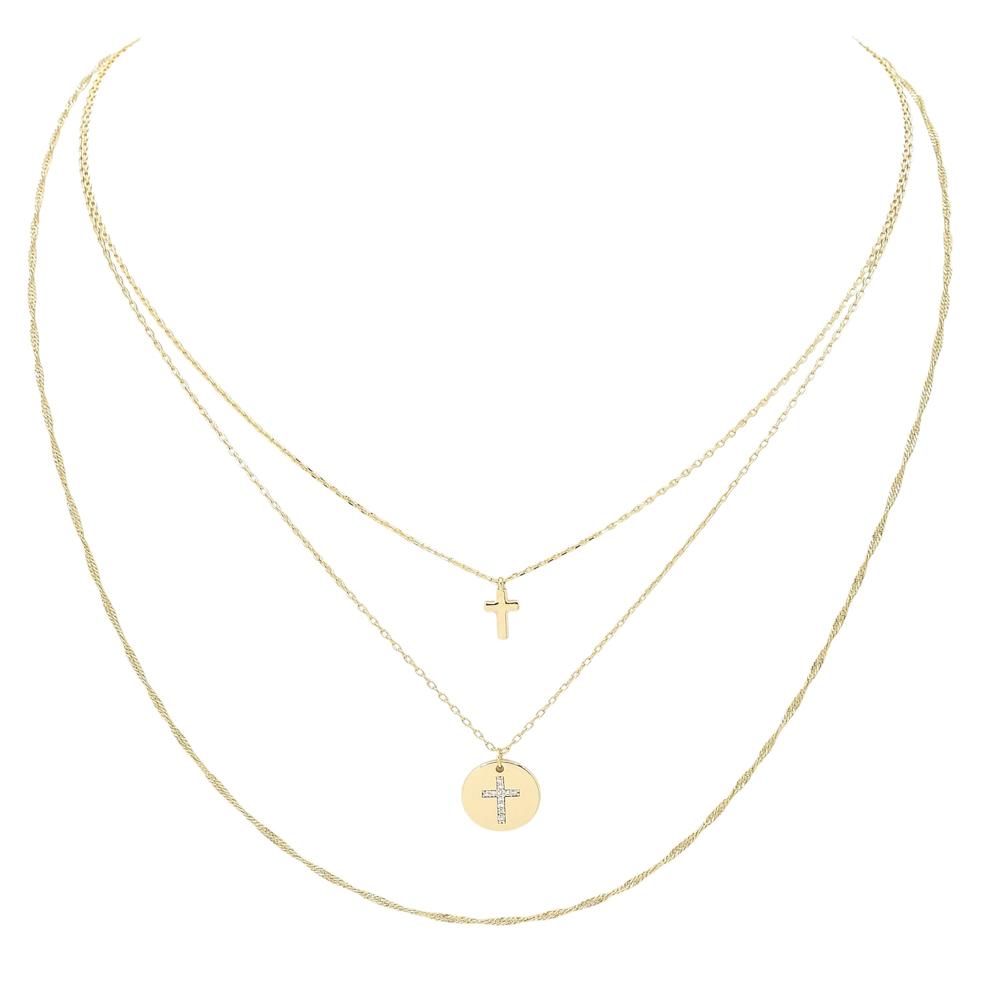 Three Layered Thin Chain Cross Charm 16"-18" Necklace