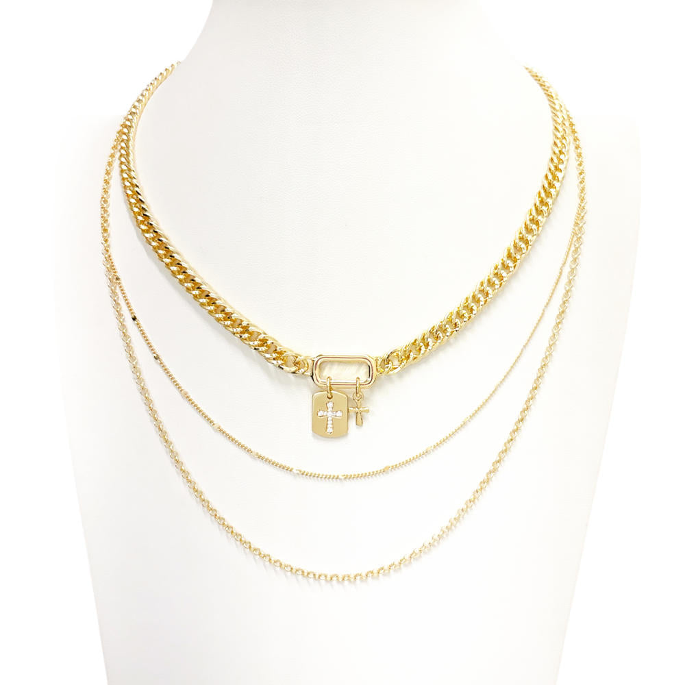 Triple Layered Gold Chain with Cross Charms 16"-19" Necklace
